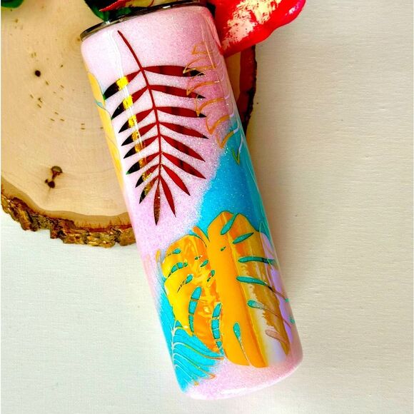 NWOT Palm Fronds Stainless Steel Tumbler Sz 20 oz Pink/Blue and iridescent - Picture 3 of 3